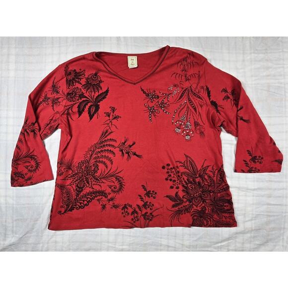 Jess & Jane Women Tunic Top Floral Rhinestones Art to Wear Mature Holiday Red XL - Picture 1 of 10